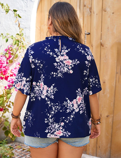 Women Plus Size Floral Short Sleeve Blouse Tops - PRUSES