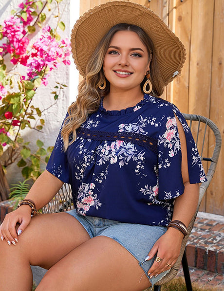 Women Plus Size Floral Short Sleeve Blouse Tops - PRUSES