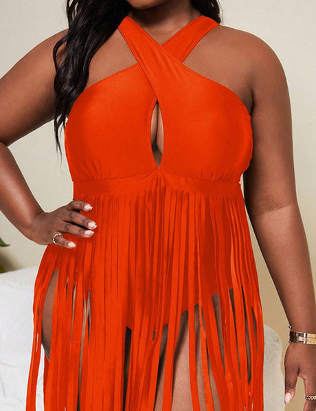 Women Plus Size Fringe Hem Crisscross Halter One Piece Swimsuit - PRUSES