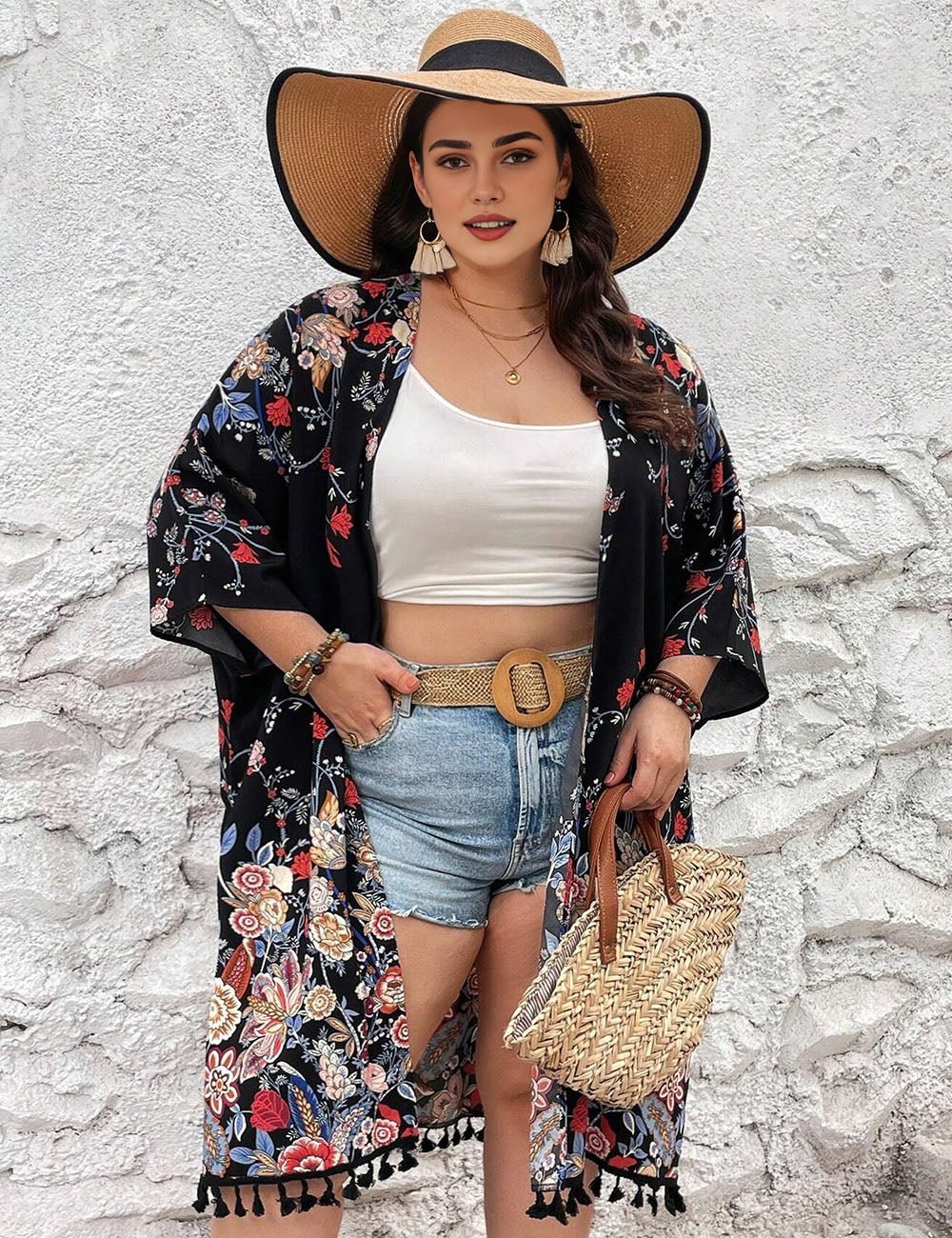 Women Plus Size Fringed Floral Cardigan Beach Cover - Up | PRUSES - PRUSES