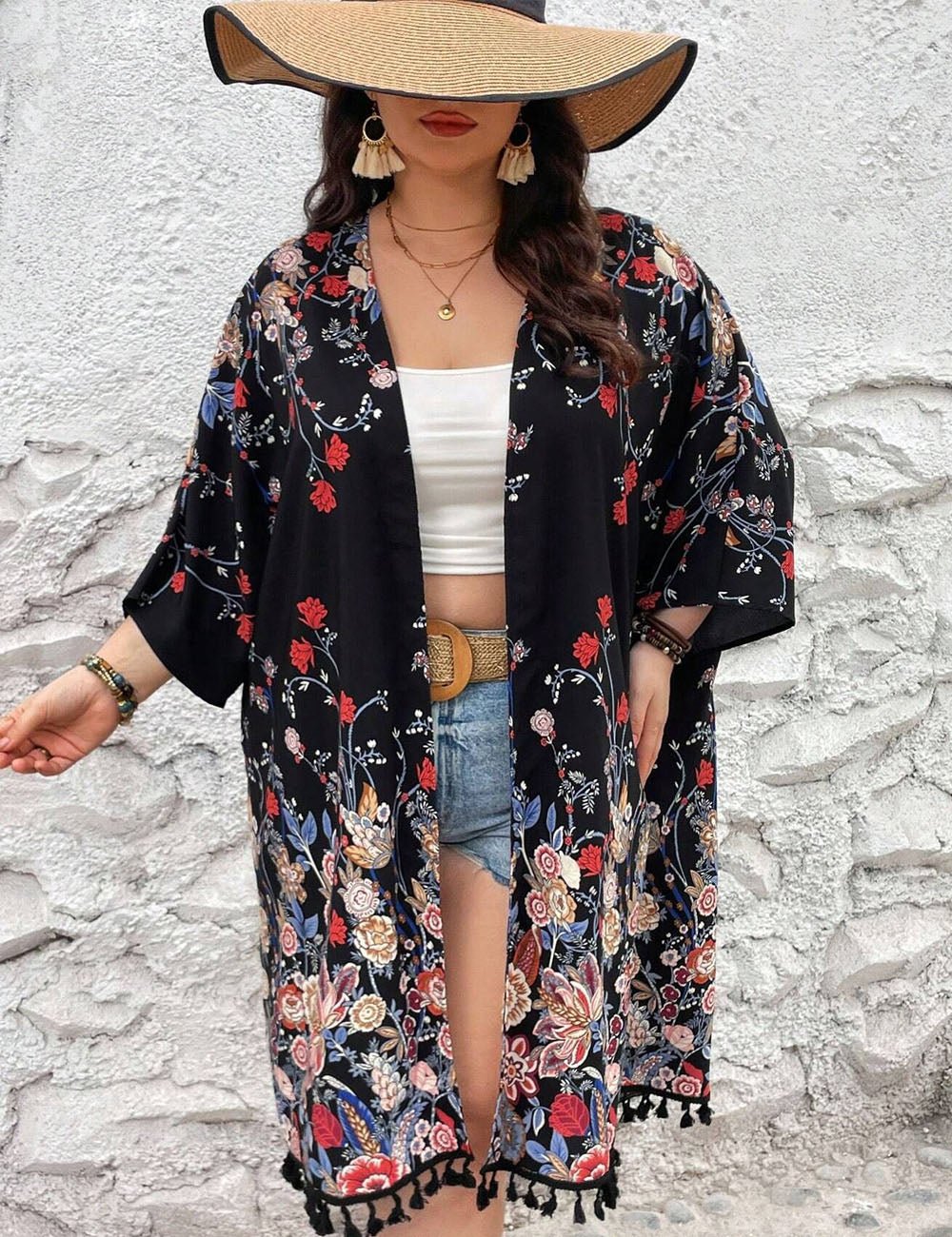 Women Plus Size Fringed Floral Cardigan Beach Cover - Up | PRUSES - PRUSES