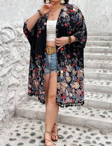 Women Plus Size Fringed Floral Cardigan Beach Cover - Up | PRUSES - PRUSES