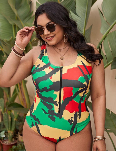 Women Plus Size Front Zip One Piece Swimsuit - PRUSES