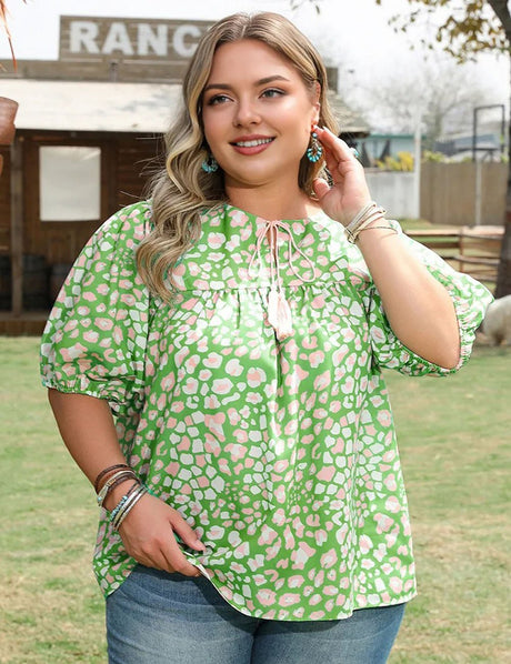 Women Plus Size Green Leopard Tassel Tie Short Sleeve | PRUSES - PRUSES