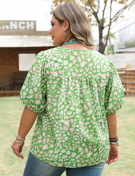 Women Plus Size Green Leopard Tassel Tie Short Sleeve | PRUSES - PRUSES