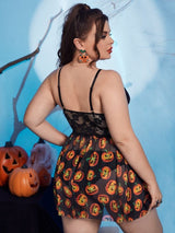 Women Plus Size Halloween Pumpkin Print Chemise with Side Slit - PRUSES