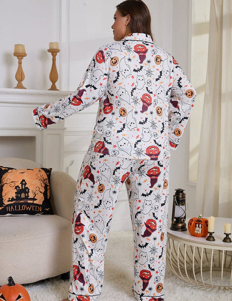 Women Plus Size Halloween Pumpkin Pumpkin Print Pajamas - PRUSES