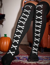 Women Plus Size Halloween Thigh High Socks with White Skull Pattern - PRUSES