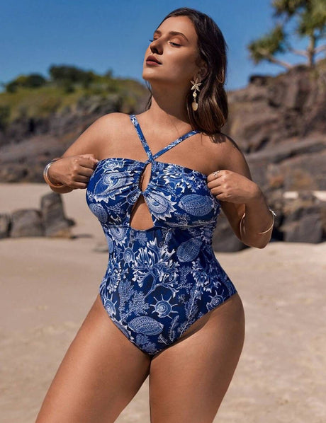 Women Plus Size Halter Hollow Binding Plant Print One - Piece Swimsuit - PRUSES
