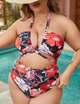 Women Plus Size Halter Neck Floral Print One - Piece Swimsuit - PRUSES