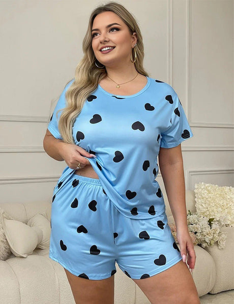Women Plus Size Blue Heart-Printed T-Shirt and Shorts Pajama Set