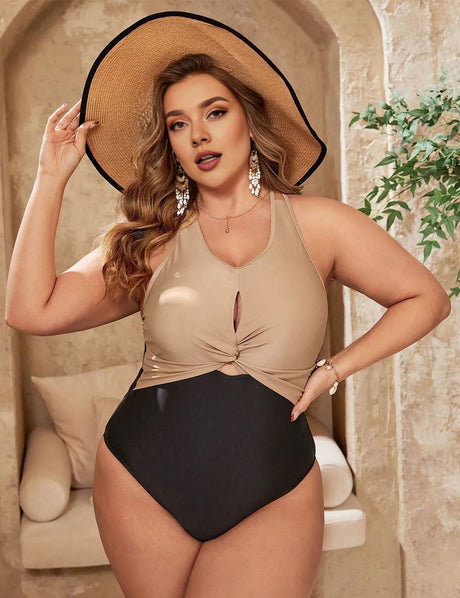Women Plus Size High Elastic Color Block Hollow One - Piece Swimsuit - PRUSES