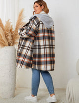 Women Plus Size Hooded Plaid Shacket Coat - PRUSES