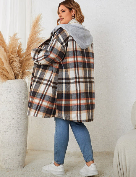 Women Plus Size Hooded Plaid Shacket Coat - PRUSES