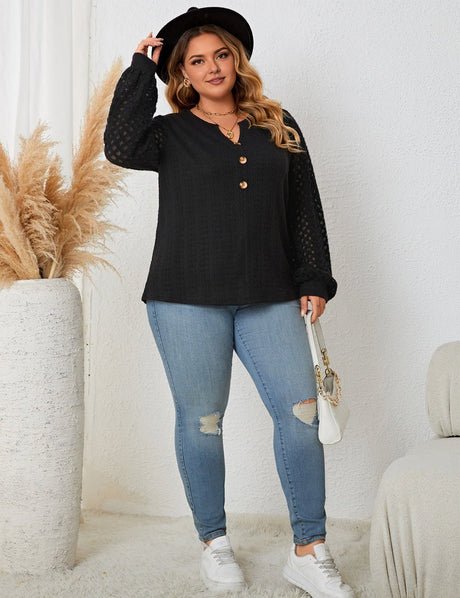 Women Plus Size Lace Stitching Black Knitted Long Sleeve Top - PRUSES