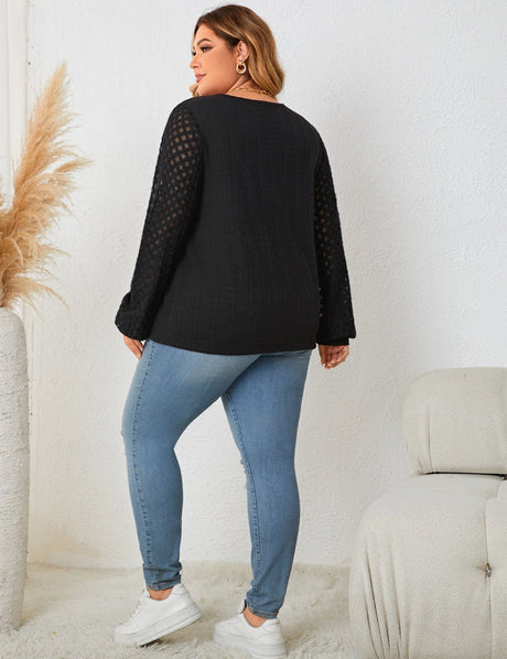 Women Plus Size Lace Stitching Black Knitted Long Sleeve Top - PRUSES