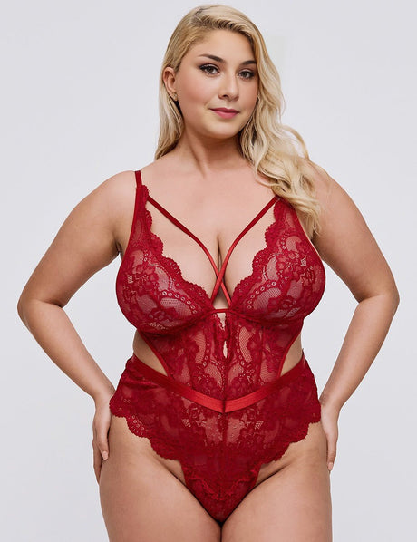 Women Plus Size Lace Strappy Cutout Bodysuit - PRUSES