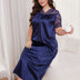 Blue Plus Size Lace Trim Satin Nightgown Short Sleeve Sleep Dress