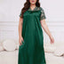 Green Plus Size Lace Trim Satin Nightgown Short Sleeve Sleep Dress