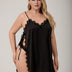 Black Plus Size Lace Trim Side Tie High Slit Satin Nightgown