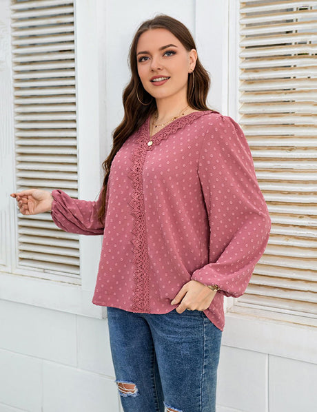 Women Plus Size Lace Trim V - Neck Balloon Sleeve Blouse | PRUSES - PRUSES