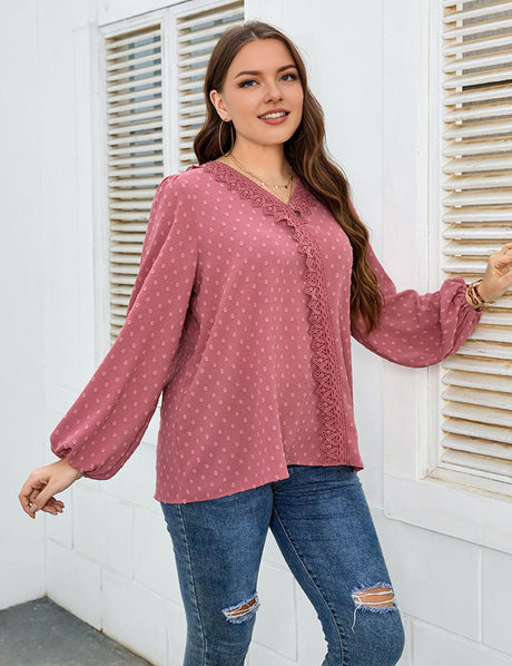 Women Plus Size Lace Trim V - Neck Balloon Sleeve Blouse | PRUSES - PRUSES