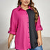 Women Plus Size Long Sleeve Lapel Color Blocking Blouse | PRUSES - PRUSES