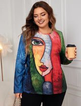 Women Plus Size Long Sleeve Print Oversized T-Shirts - PRUSES