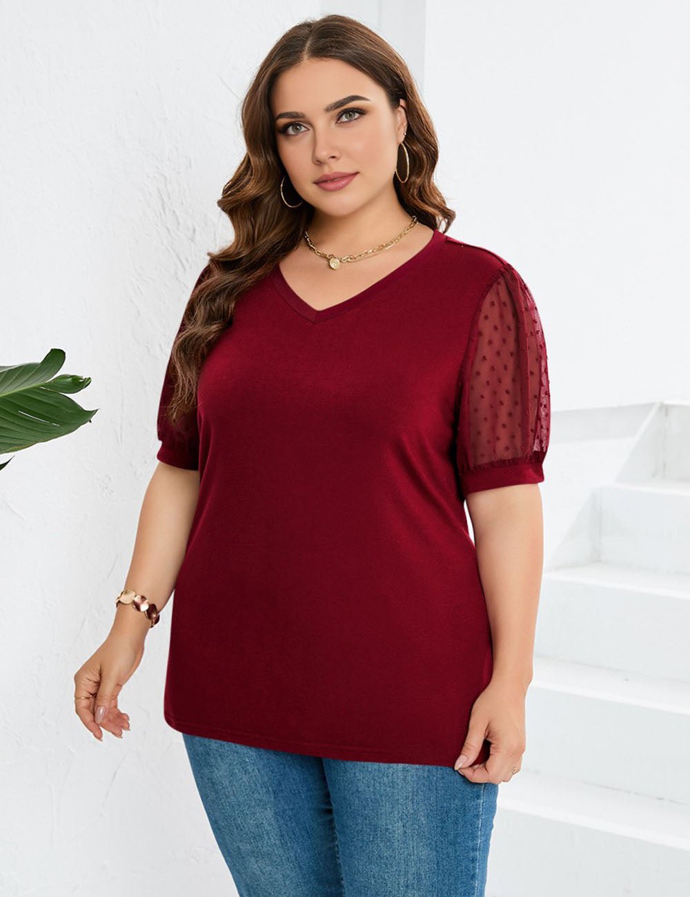 Women Plus Size Mesh Sleeves Short Sleeve T-Shirt | PRUSES - PRUSES