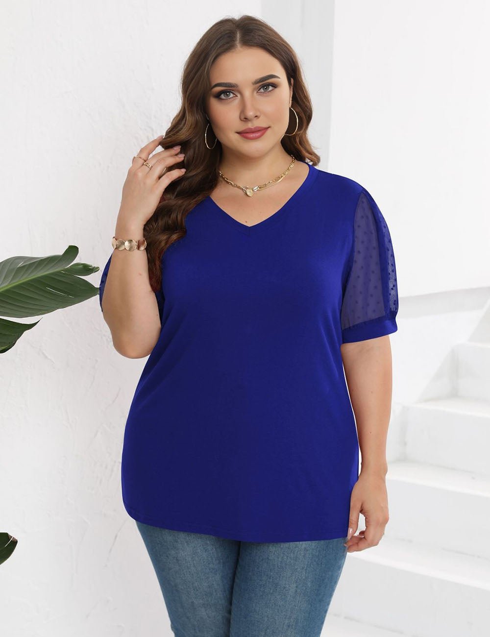 Women Plus Size Mesh Sleeves Short Sleeve T-Shirt | PRUSES - PRUSES