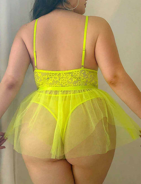 Women Plus Size Lace Sheer Babydoll  Neon Yellow
