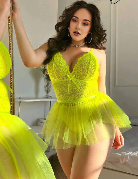 Women's Plus Size Sheer Lace Babydoll Neon Yellow