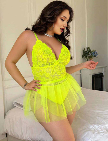Women's Plus Size Neon Yellow Lace Sheer Babydoll