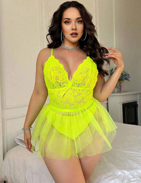 Women Plus Size Neon Yellow Lace Sheer Babydoll