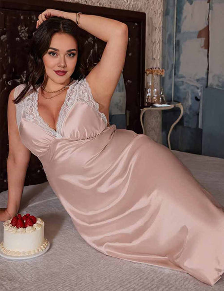 Women Plus Size Pink Elegant Satin Lace-Trim Long Nightgown
