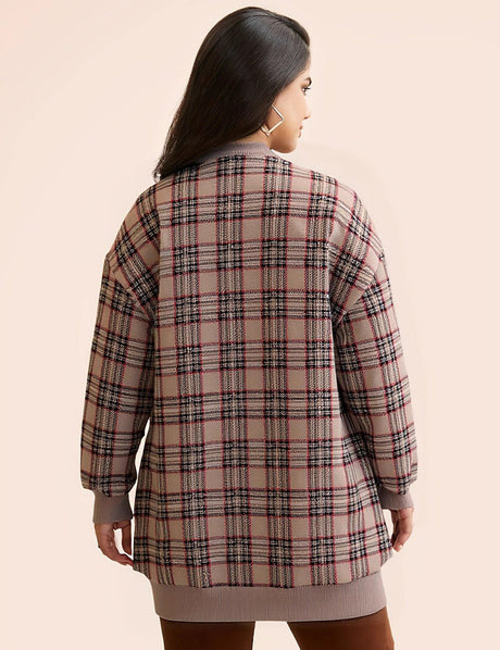 Women Plus Size Plaid Open Front Patch Pocket Cardigan - PRUSES