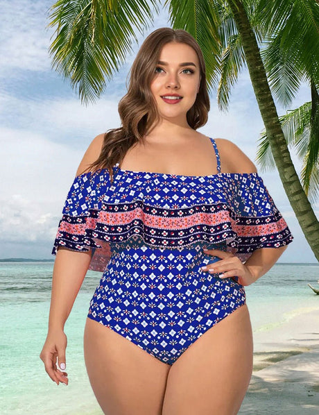 Women Plus Size Print Off Shoulder One Piece Swimsuit - PRUSES
