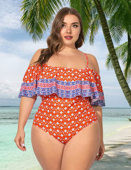 Women Plus Size Print Off Shoulder One Piece Swimsuit - PRUSES
