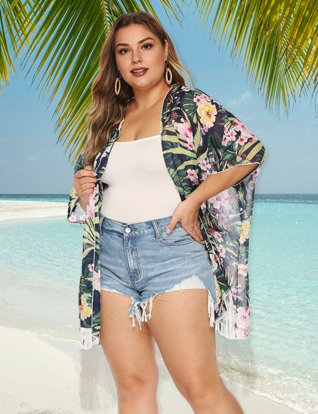 Women Plus Size Printed Chiffon Tassel Panelled Cover Up | PRUSES - PRUSES