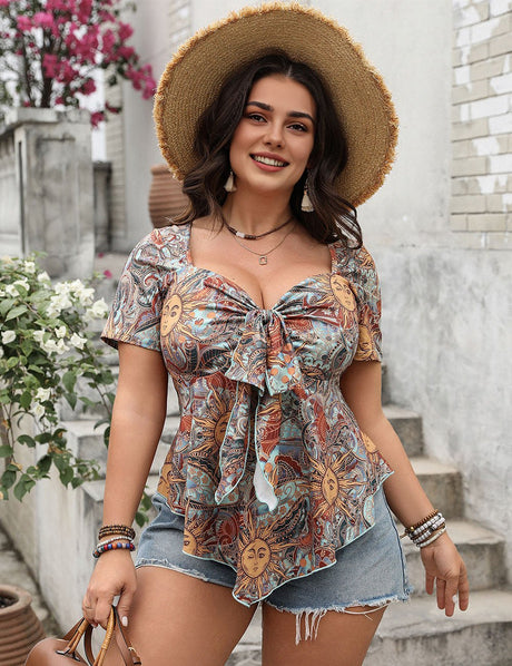 Women Plus Size Printed Sweetheart Neck Short Sleeve Blouse | PRUSES - PRUSES