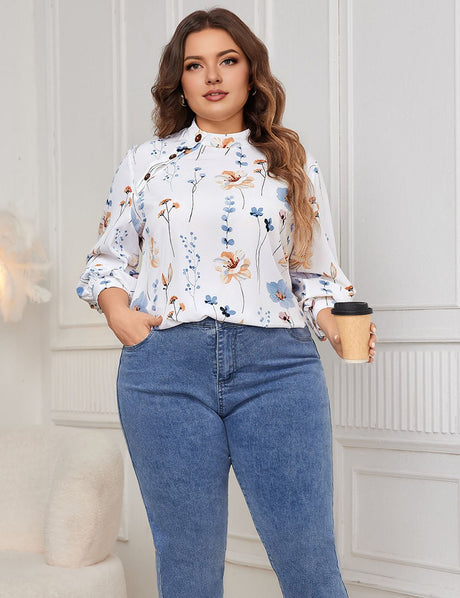 Women Plus Size Printed Turtleneck Long Sleeve Blouse | PRUSES - PRUSES