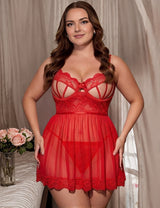 Women Plus Size Red Cage Cup Lace Babydoll