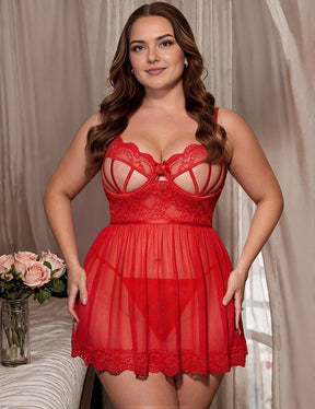 Women Plus Size Red Cage Cup Lace Babydoll