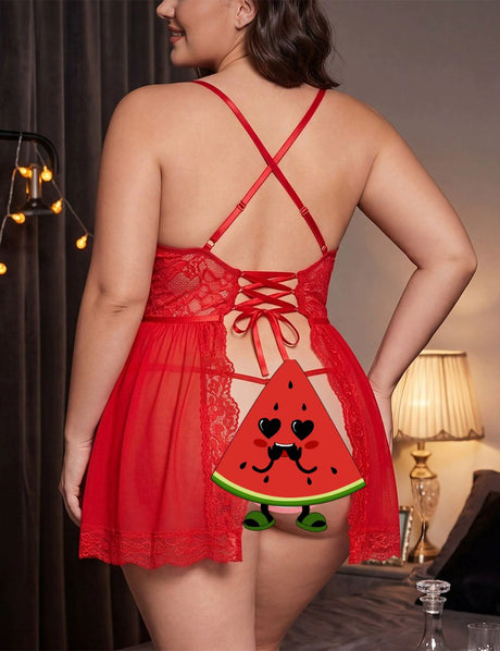 Red Plus Size Red Cage Cup Lace Babydoll