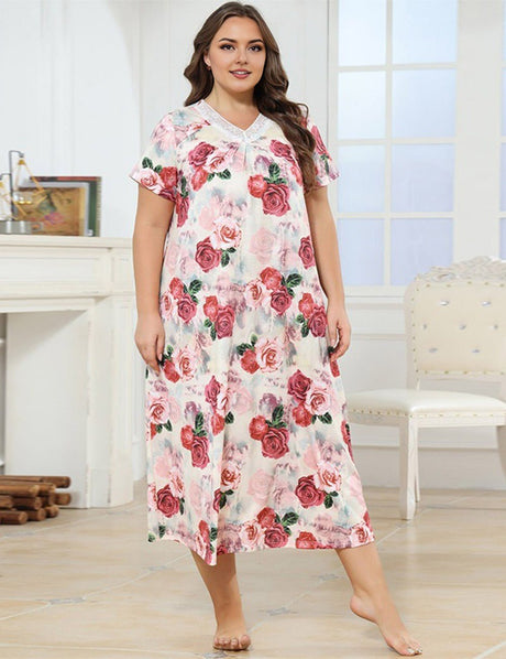 Women Plus Size Rose Print Short Sleeve Lace Trim Nightgown