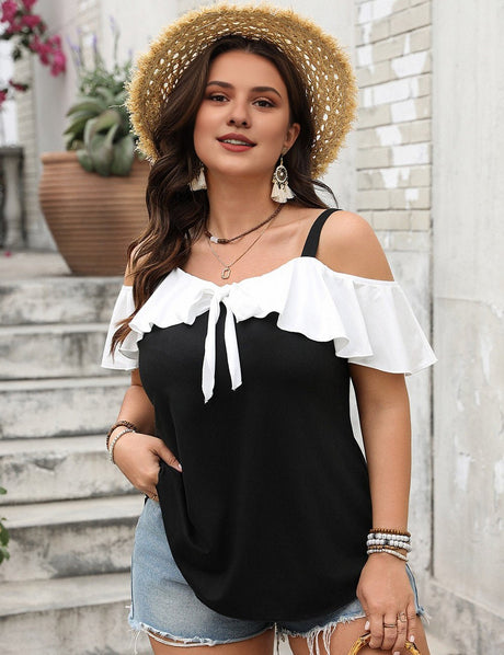 Women Plus Size Ruffled Contrast Short Sleeve Blouse - PRUSES