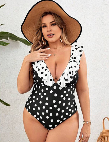Women Plus Size Ruffled Polka Dot One - Piece Swimsuit - PRUSES