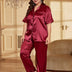 Women Plus Size Red Satin Collared Short Sleeve Pajama Set