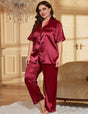 Women Plus Size Red Satin Collared Short Sleeve Pajama Set