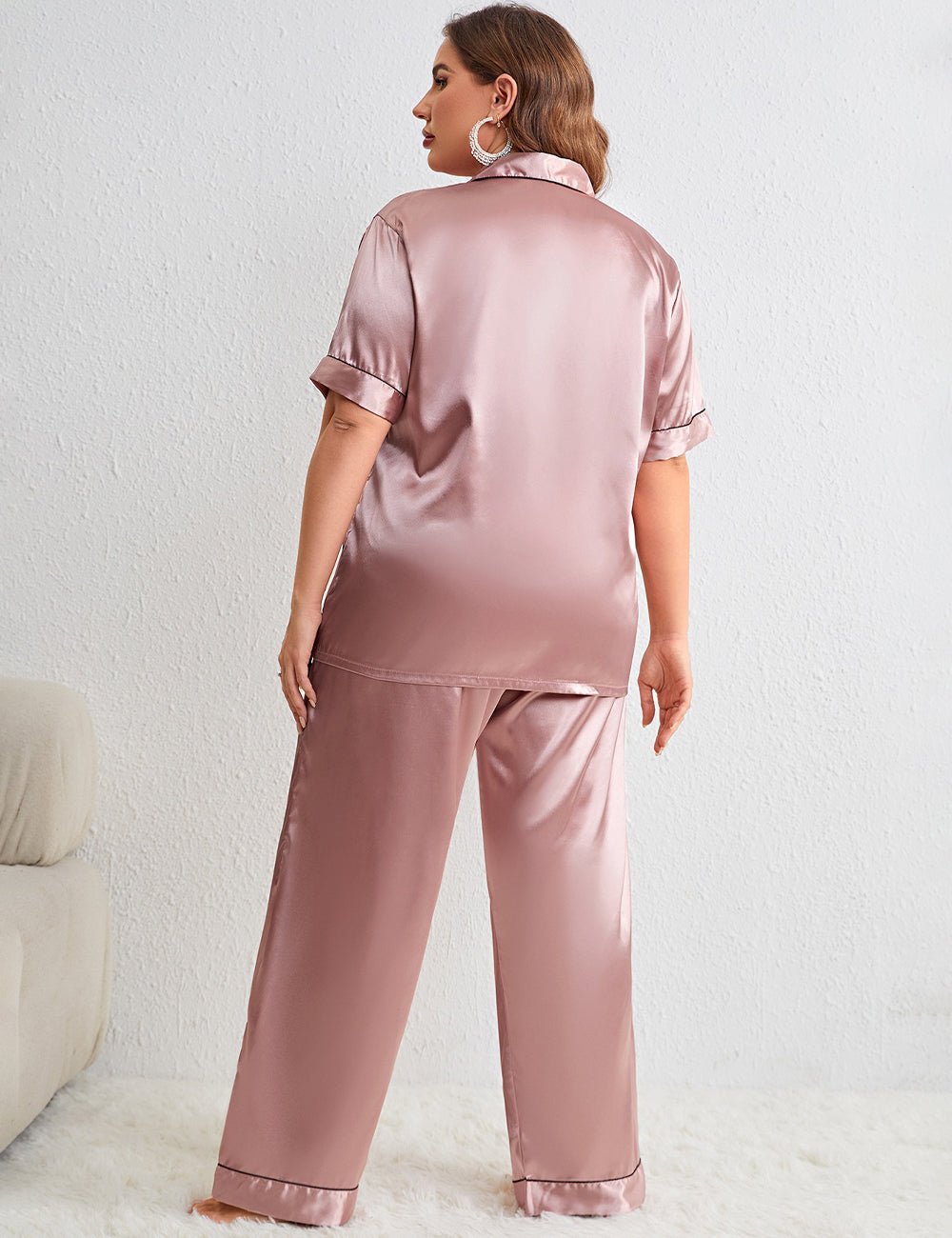 Women Plus Size Pink Satin Collared Short Sleeve Pajama Set Back View